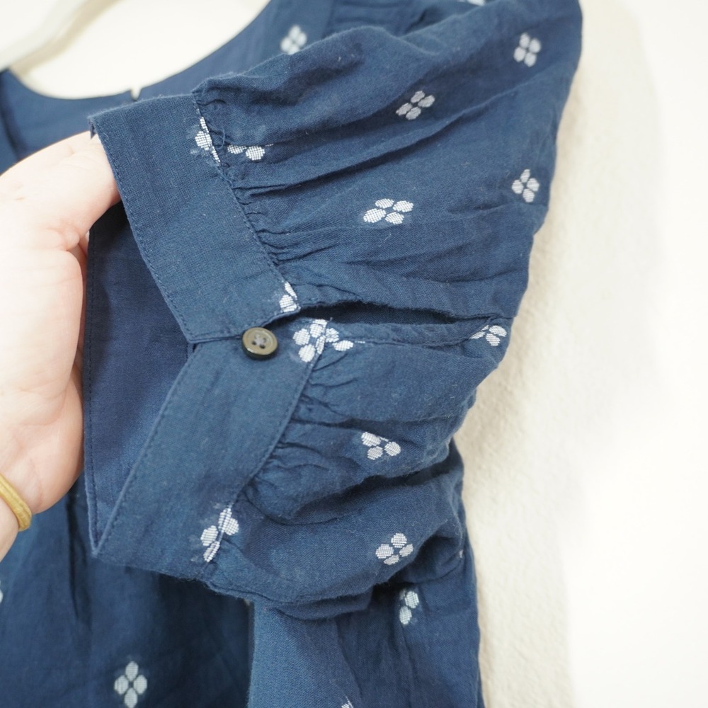 J. Crew Size Medium Navy Blue Block Print Puff Sleeve Cotton Voile Top Cotton - Picture 6 of 7